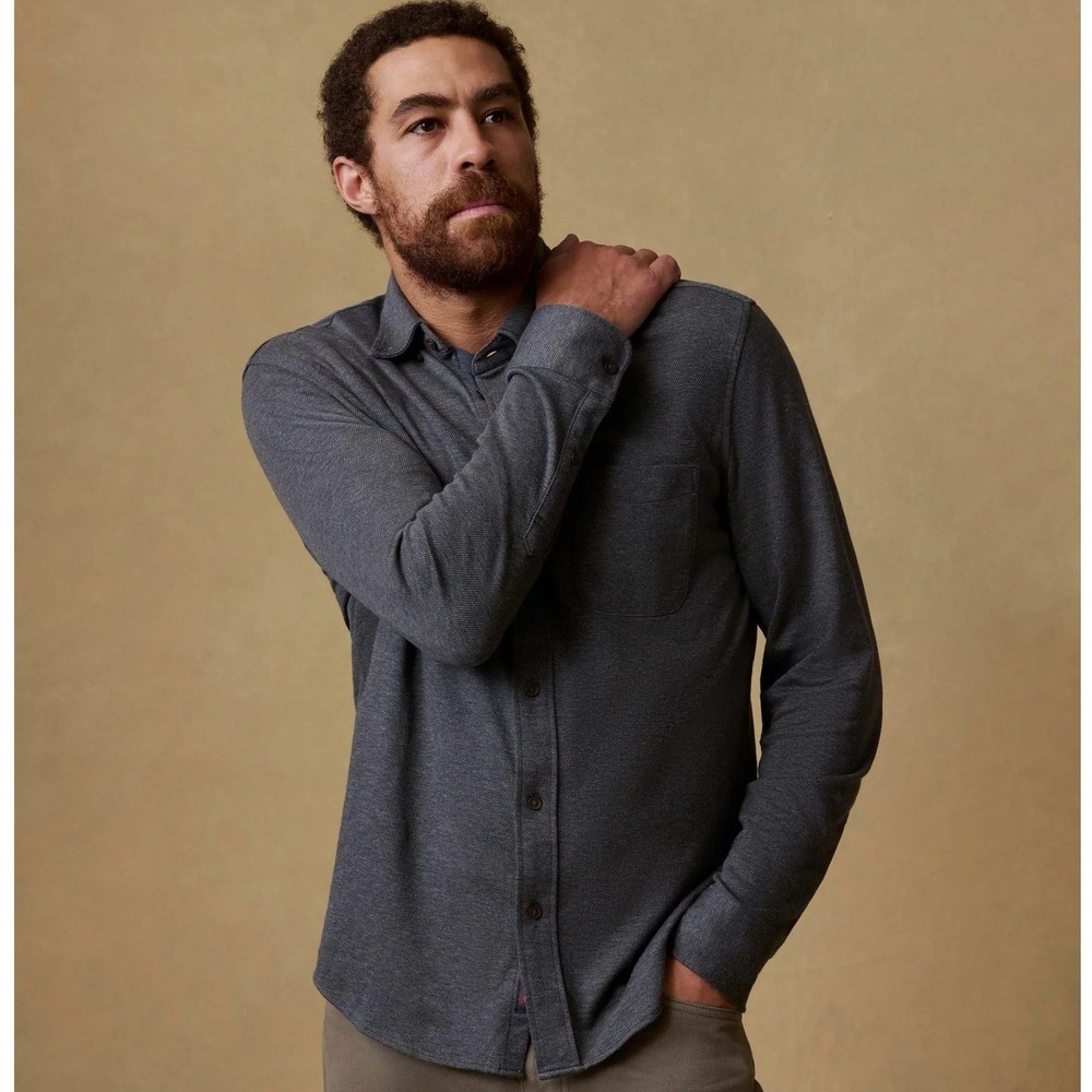 Faherty Coastline Knit Button Up Shirt Mens Medium Stretch Charcoal Gray $178